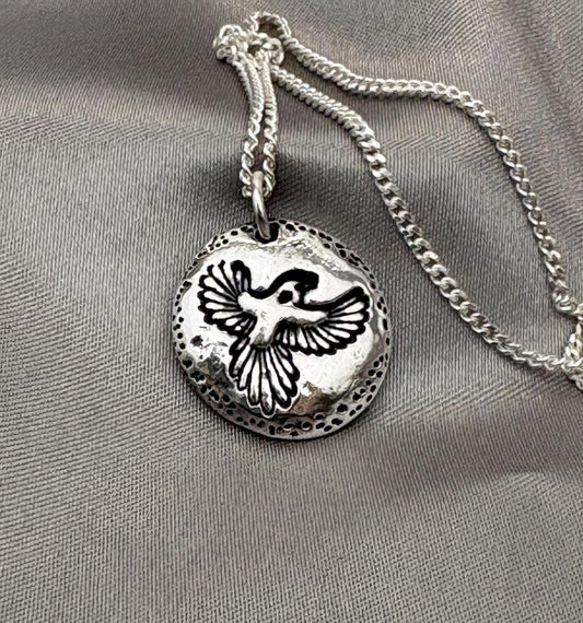 Unique Bird in Flight Necklace Pendant, Handmade Silver Talisman, Original Design by Liliane Ting