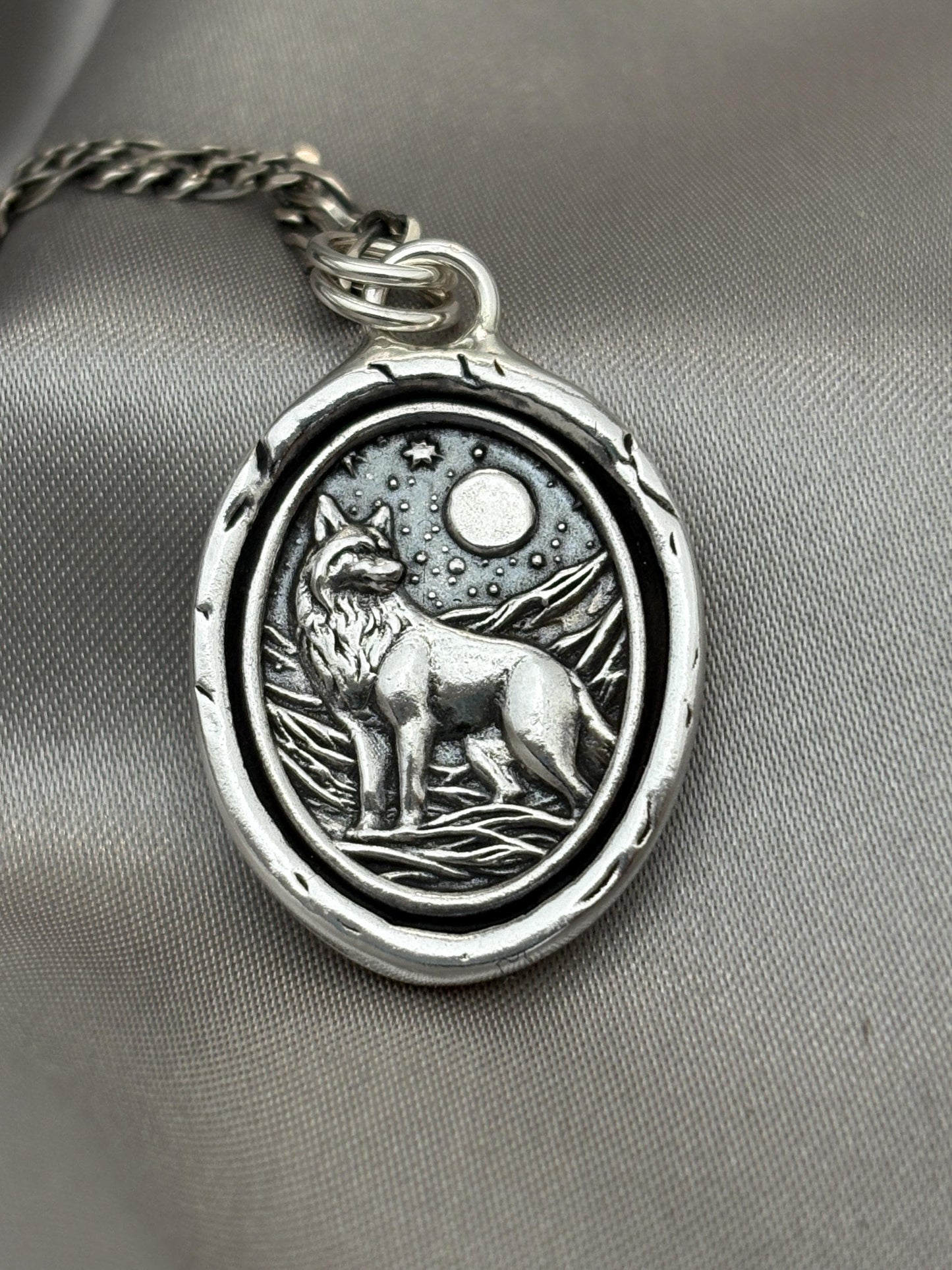 Wolf Moon Celestial Necklace, Wax Seal Pendant, Handmade Silver Talisman, Intaglio Seal Heirloom, Original Design LT082