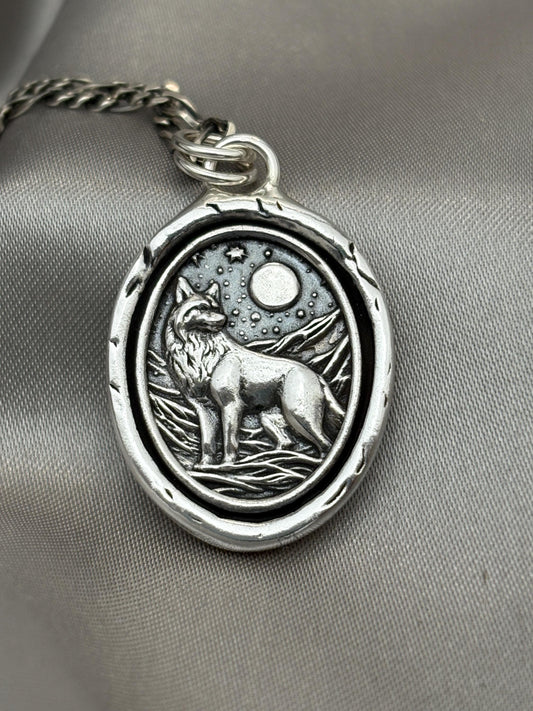 Wolf Moon Celestial Necklace, Wax Seal Pendant, Handmade Silver Talisman, Intaglio Seal Heirloom, Original Design LT082