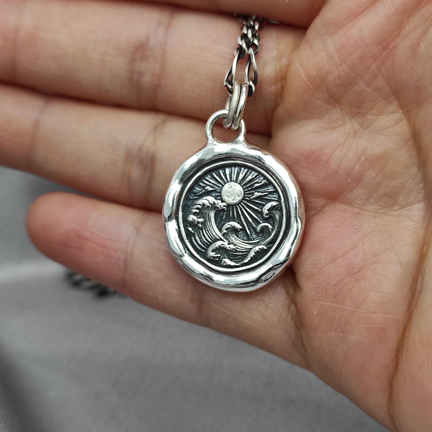 Ocean Wave Sun Wax Seal Necklace Pendant, Handmade Silver Talisman, Intaglio Seal Heirloom, Original Design by Liliane Ting 085