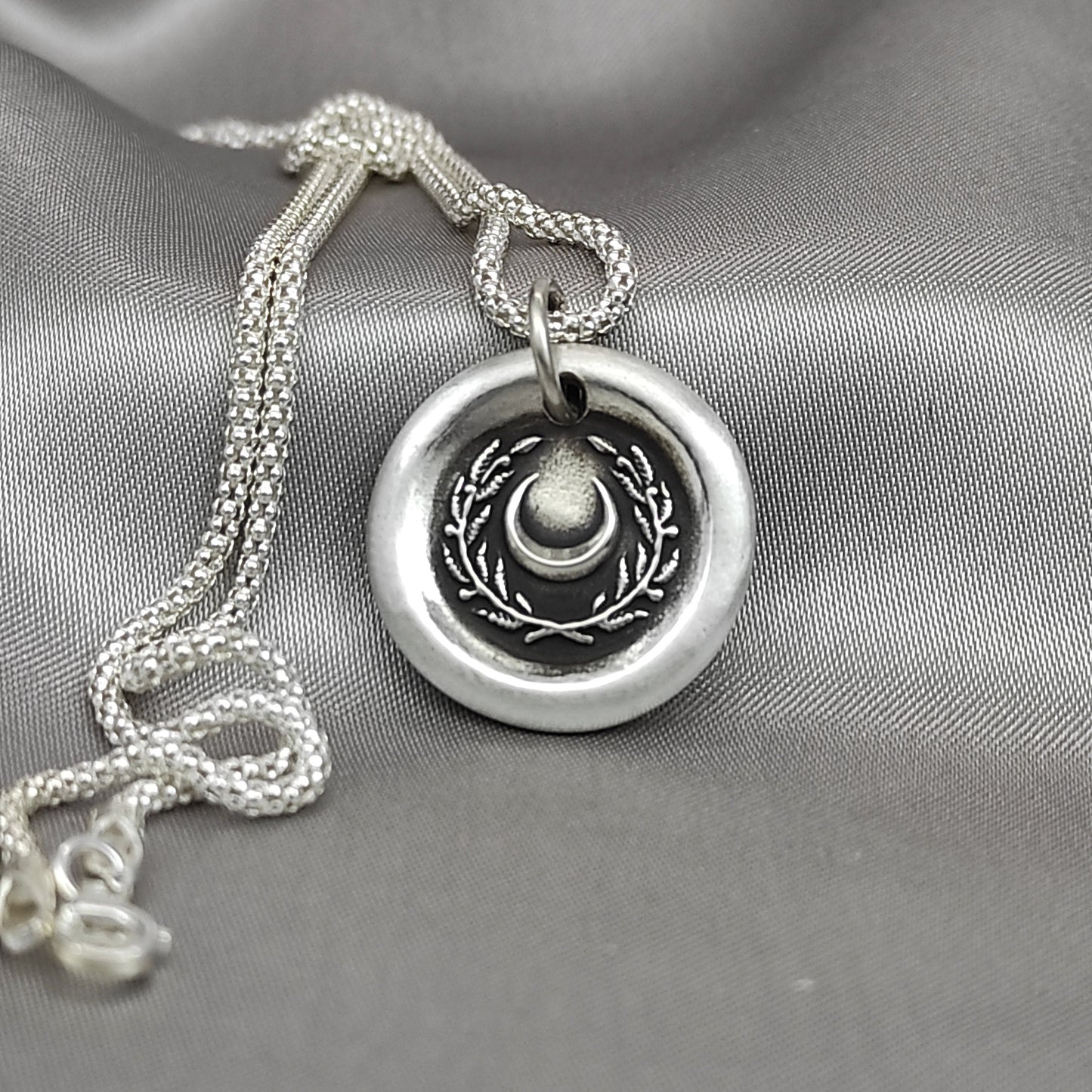 Crescent Moon and Wreath Wax Seal Necklace – Handmade Silver Intaglio Pendant, Heirloom Design by Liliane Ting, LT003