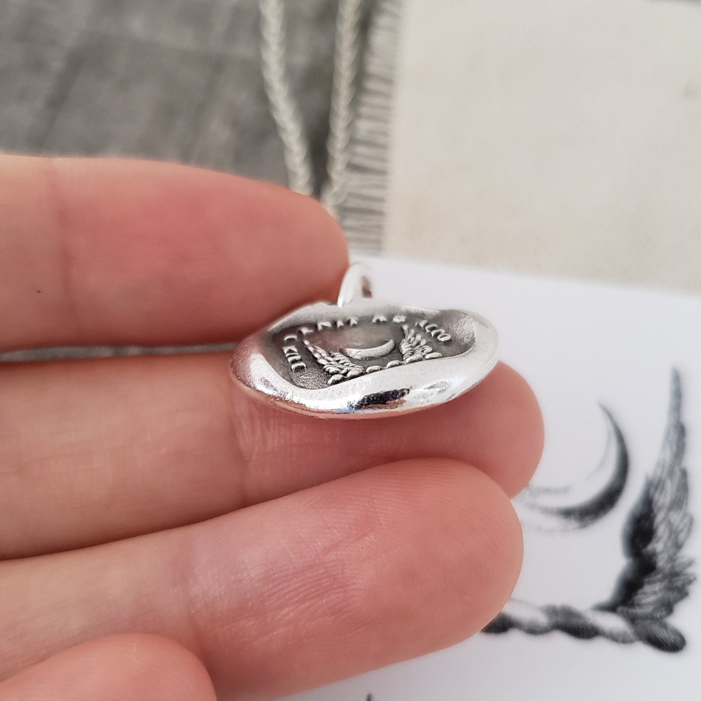 Crescent New Moon Necklace, Wax Seal Pendant/Wings /Latin Motto/Handmade Silver Talisman/Intaglio Seal Original Design LT056
