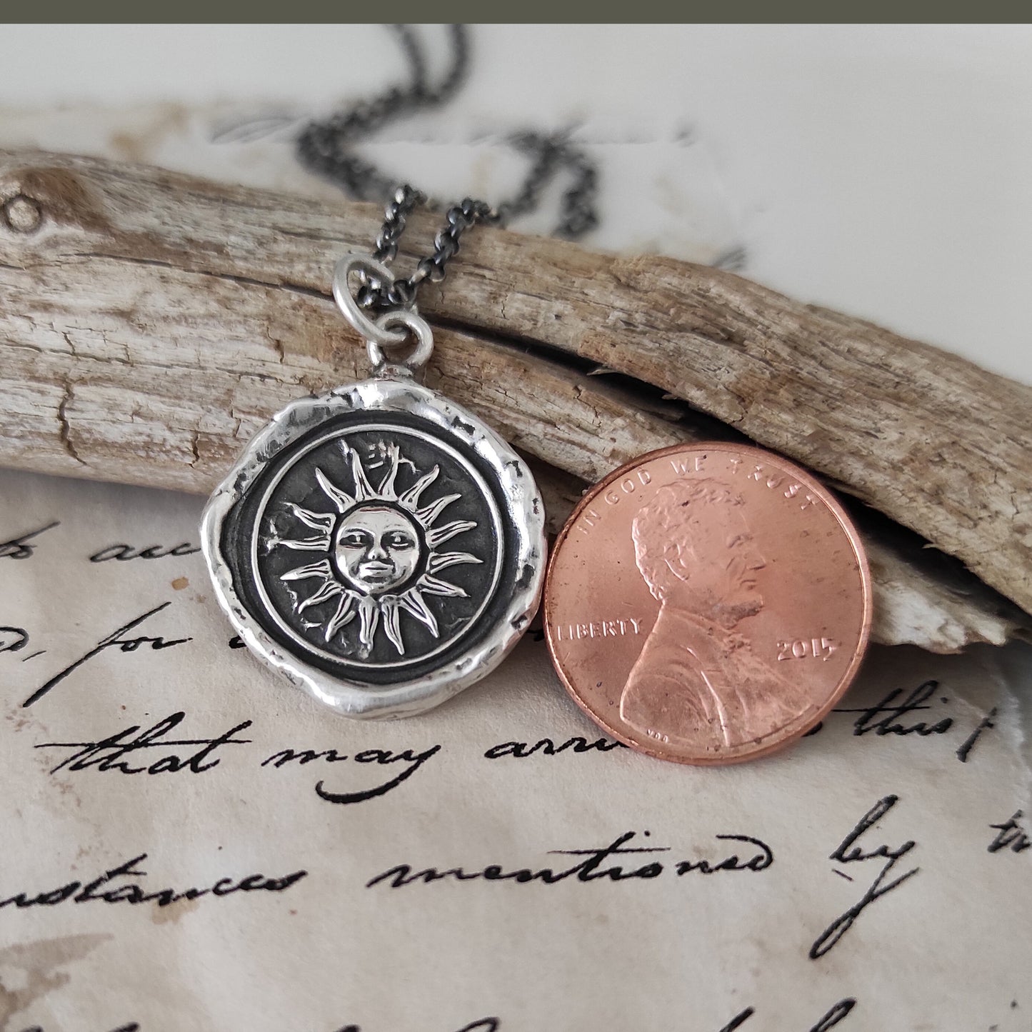 Sun Necklace, Wax Seal Pendant, Handmade Silver Talisman, Intaglio Seal Heirloom Original Design by Liliane Ting LT027