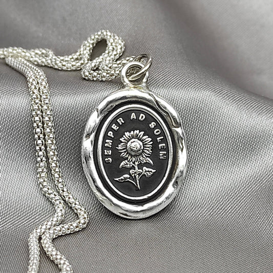 Sunflower Wax Seal Necklace Pendant, Handmade Silver Talisman, Intaglio Seal Heirloom, Original Design by Liliane Ting LT065
