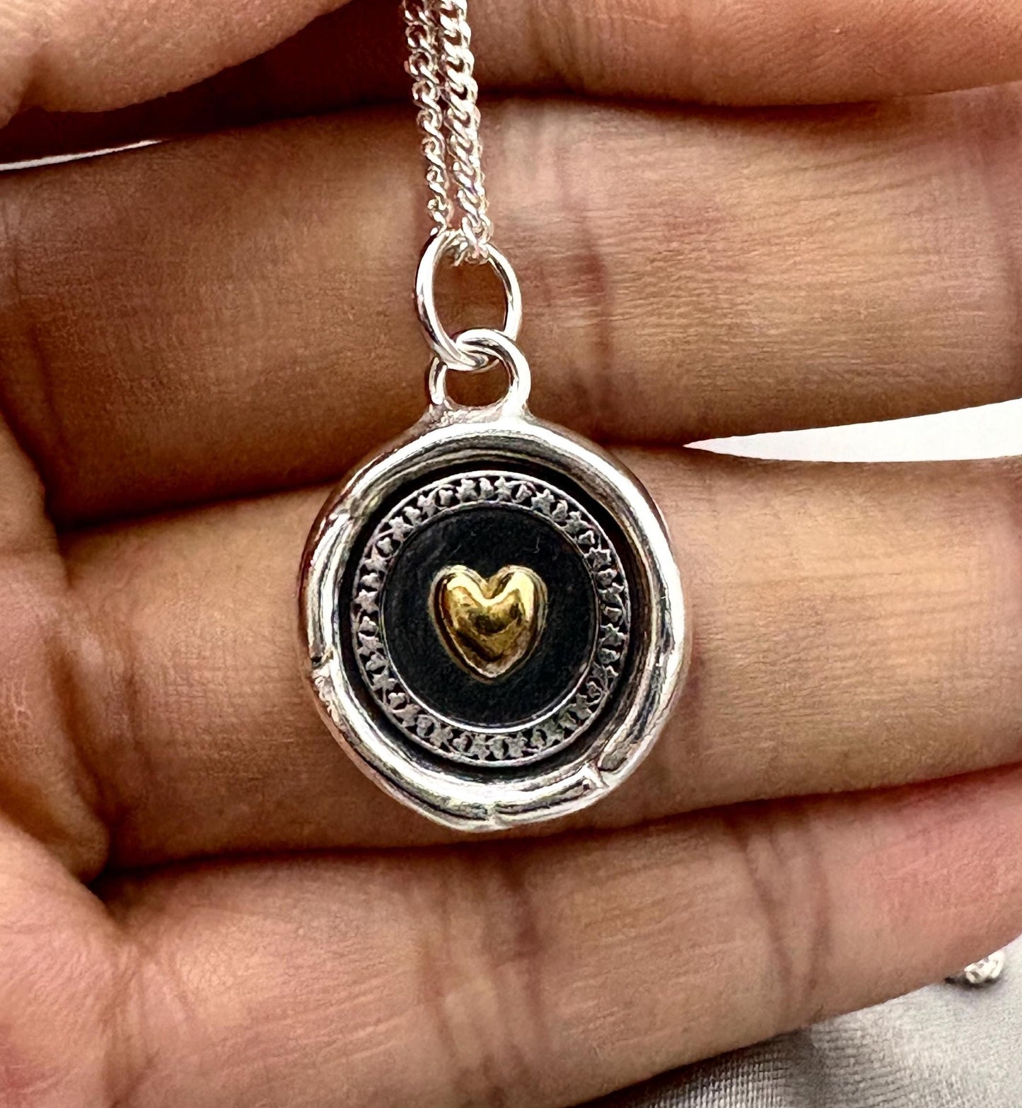 Romantic Heart Pendant Wax Seal Love Necklace, 22K Gold Overlay Fine Silver, Handmade, Intaglio Seal Heirloom, Original Design Liliane Ting