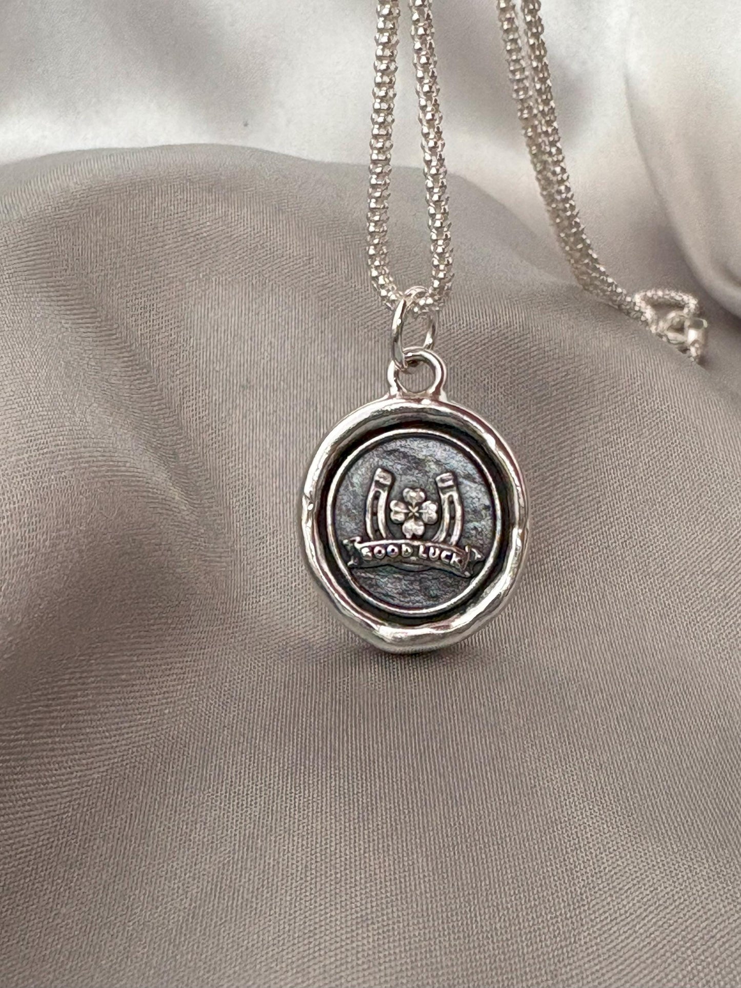 Horseshoe & Clover Lucky Wax Seal Necklace Pendant, Handmade Silver Talisman, Intaglio Seal Heirloom, Original Design Liliane Ting