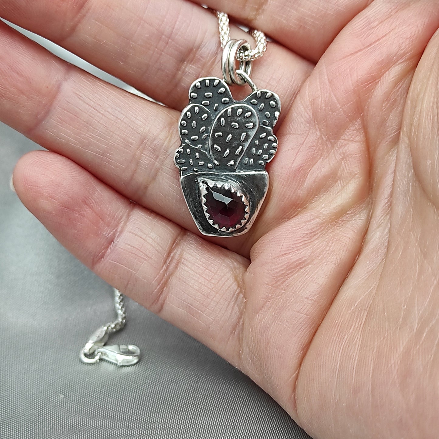 Cactus Garnet Natural Gemstone Necklace Pendant, Handmade Silver Talisman, Original Design Liliane Ting Studio