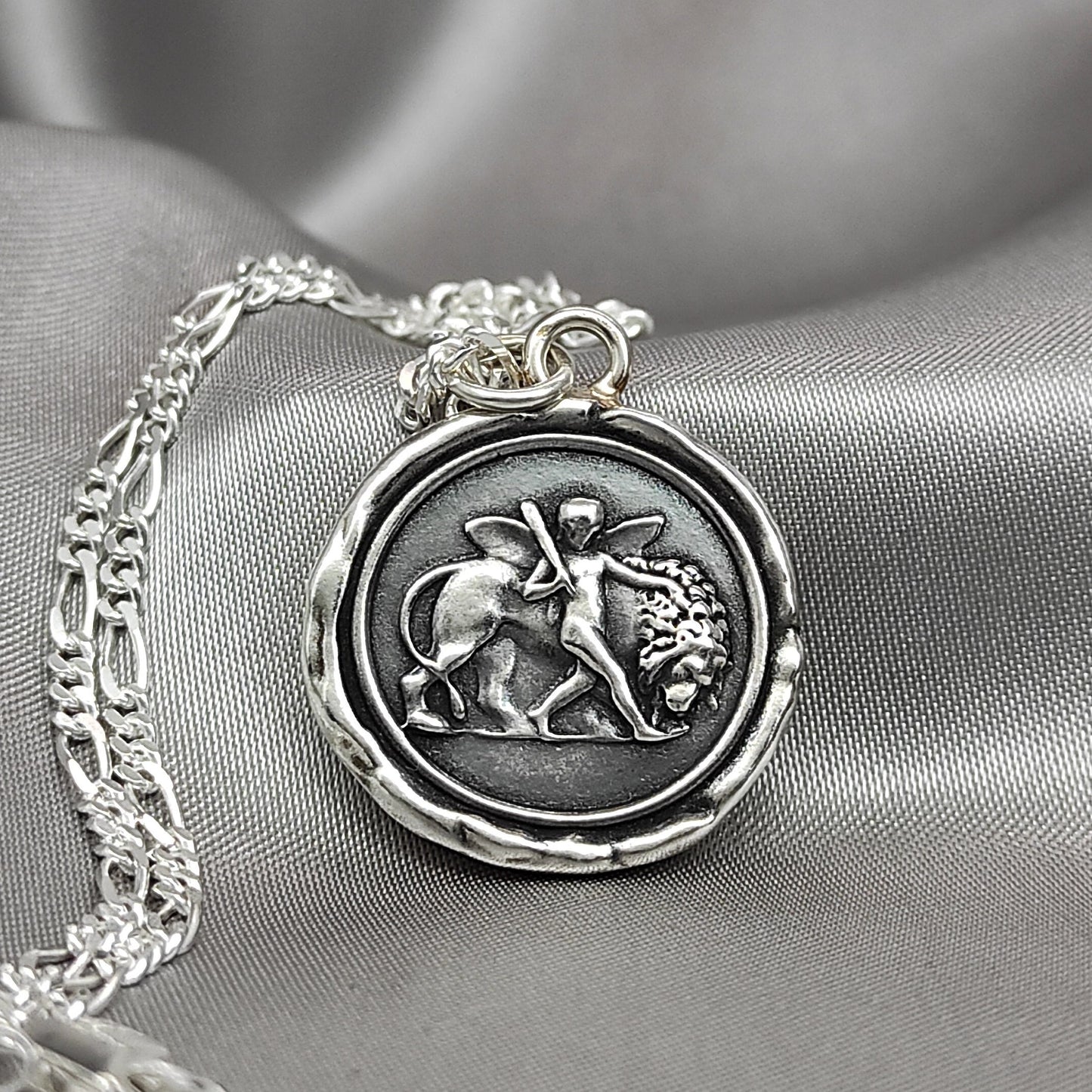 Cupid Pendant, Lion Necklace, Wax Seal Charm, Handmade Silver Talisman, Intaglio Seal Heirloom LT031