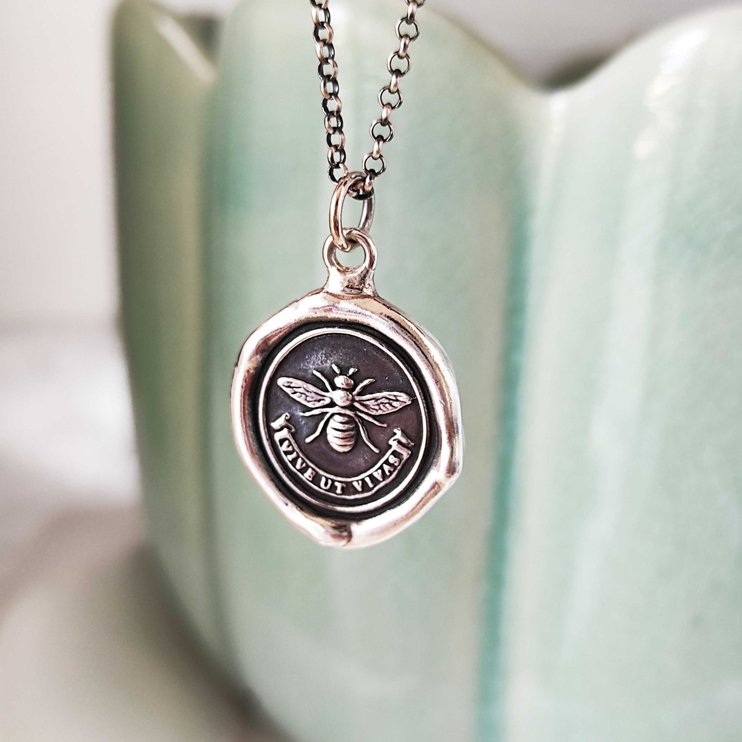 BEE Wax Seal Necklace Pendant, Handmade Silver Talisman, Intaglio Seal Heirloom, Original Design Liliane Ting Studio LT069