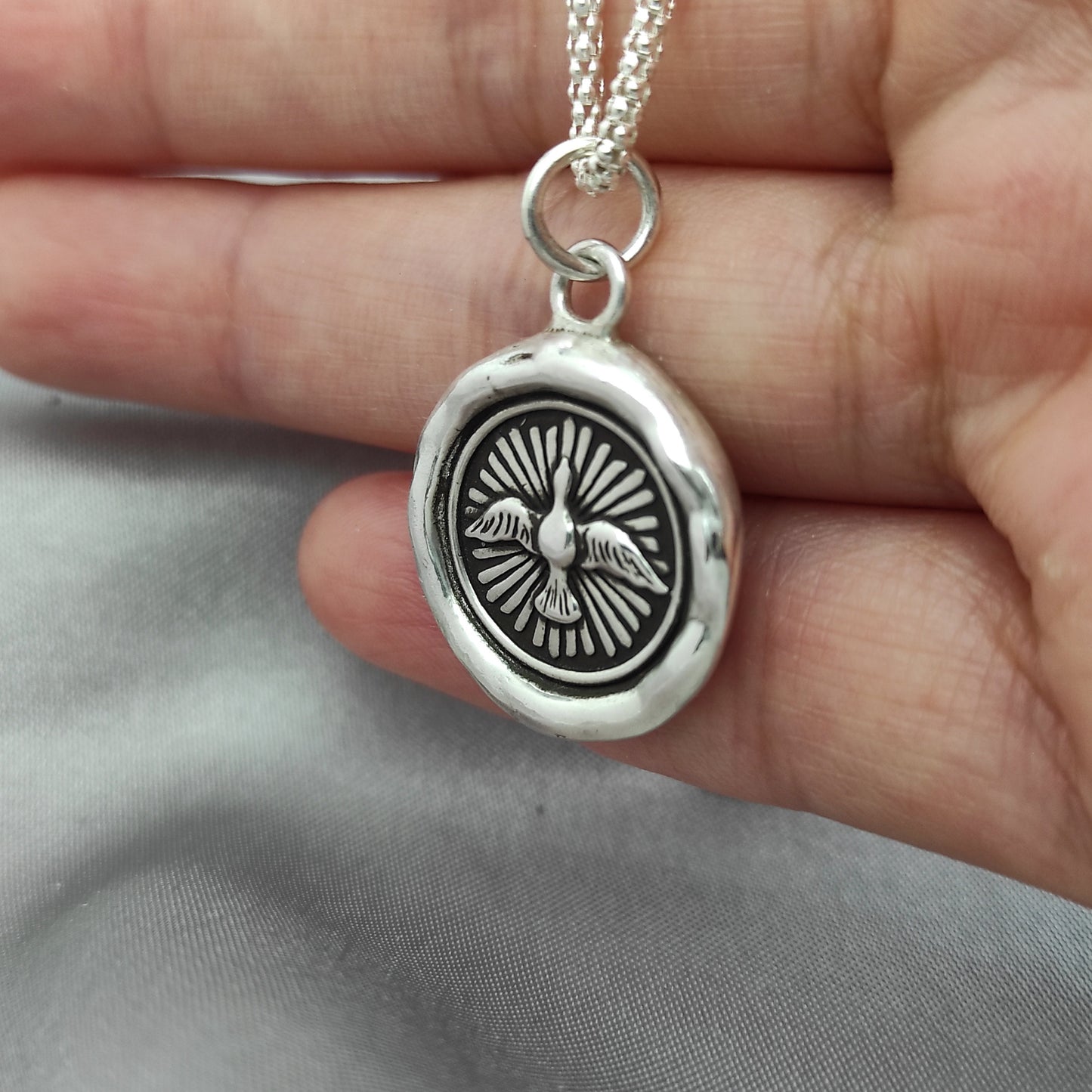 Bird Radiant Soaring Light Wax Seal Necklace Pendant, Handmade Silver Talisman, Intaglio Seal Heirloom, Original Design Liliane Ting 076