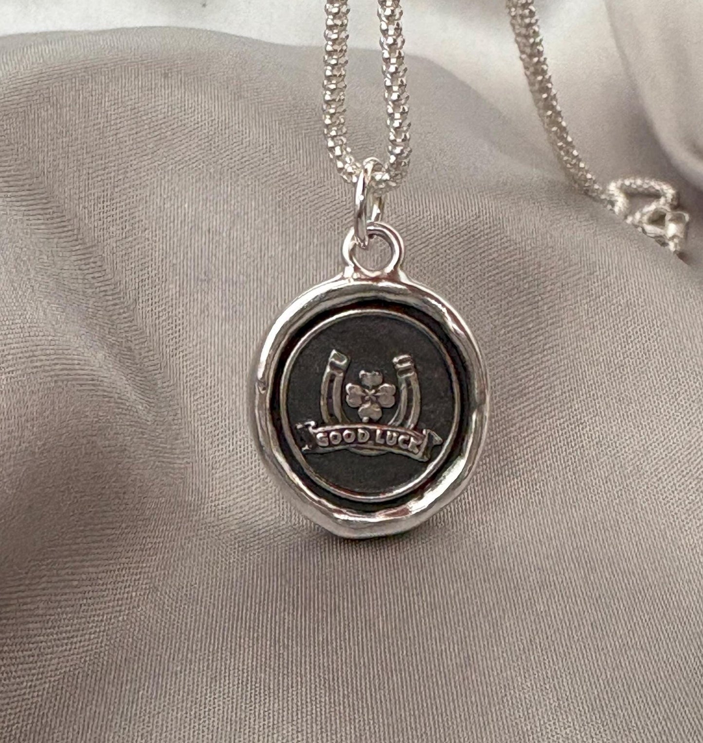 Horseshoe & Clover Lucky Wax Seal Necklace Pendant, Handmade Silver Talisman, Intaglio Seal Heirloom, Original Design Liliane Ting