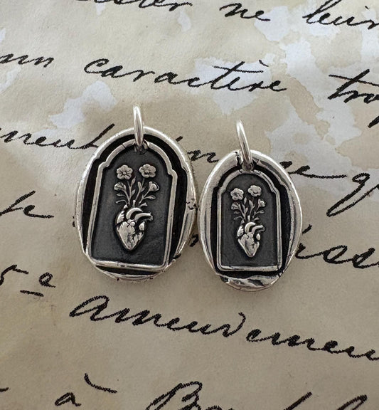 Silver Flaming Heart Pendant – Sacred Heart with Flowers Necklace – Wax Seal Style Religious Jewelry Original Design by Liliane Ting