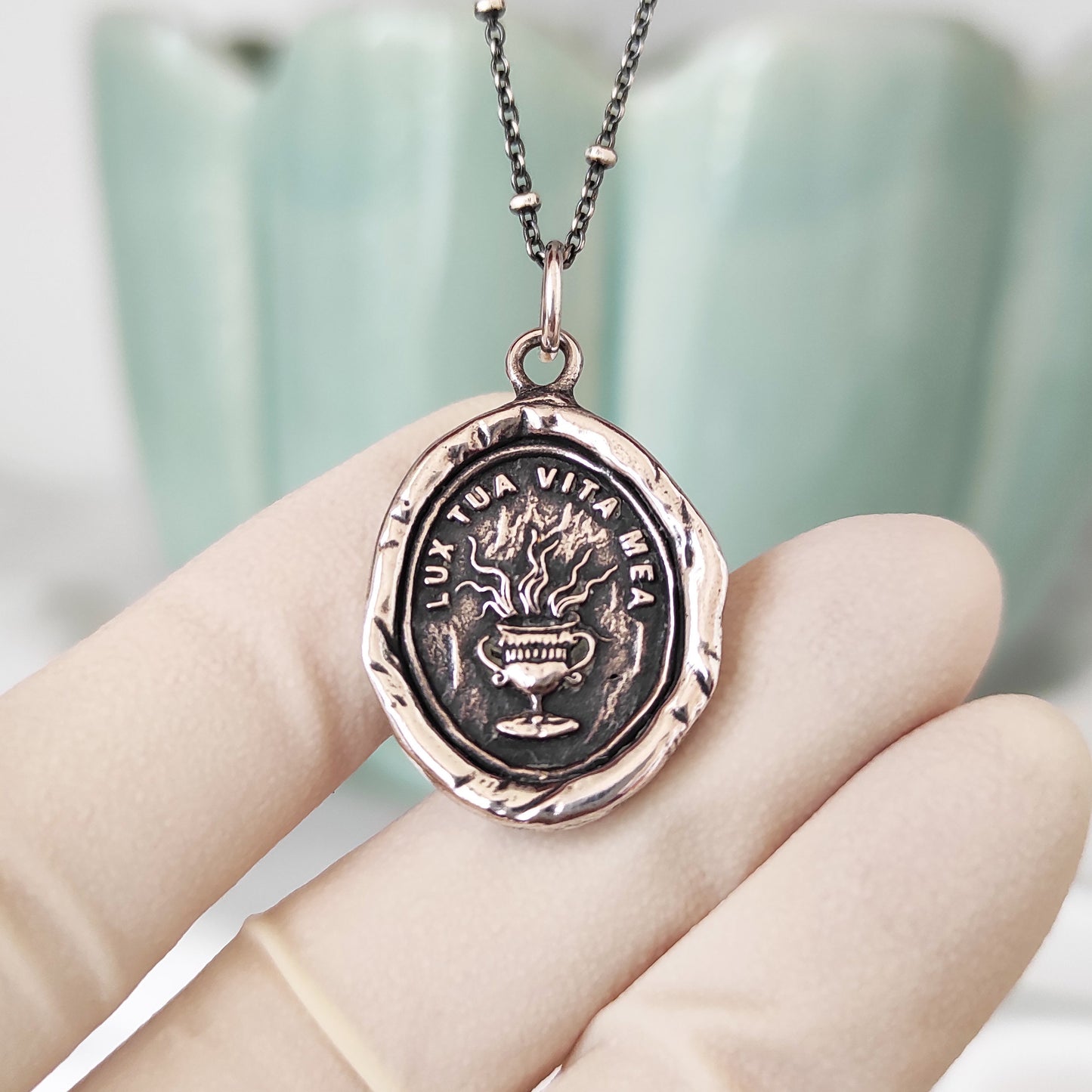 Goblet Fire Flame Wax Seal Necklace Pendant, Handmade Silver Talisman, Intaglio Seal Heirloom Original Design by Liliane Ting LT017