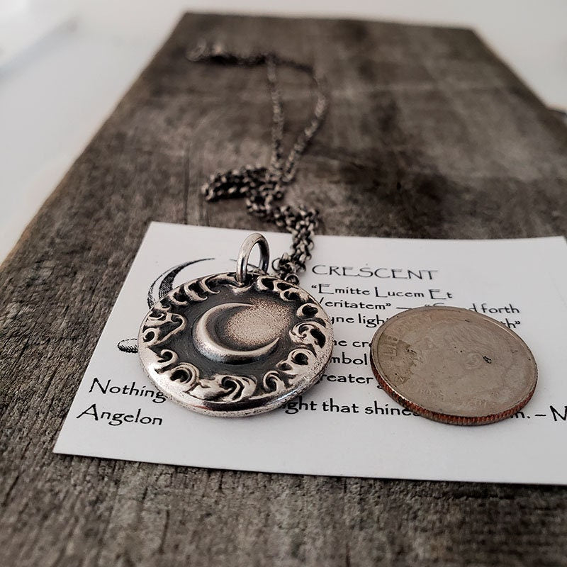Silver Crescent New Moon Pendant, Handmade Silver Charm, Cloud Wax Seal Necklace, Intaglio Seal Heirloom Original Design LilianeTing LT050