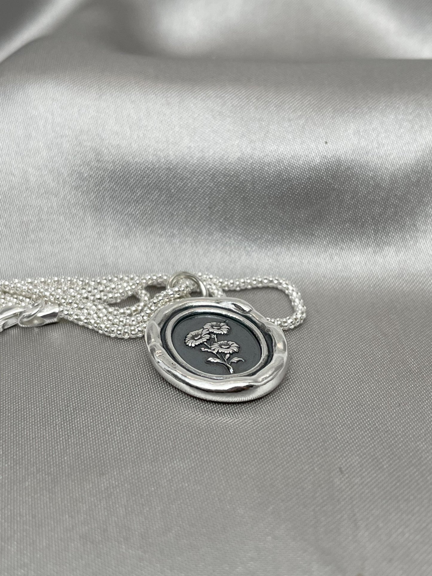 Silver Daisy Pendant, Flower Wax Seal Necklace, Handmade Silver Charm, Intaglio Seal Heirloom, Original Design LT090