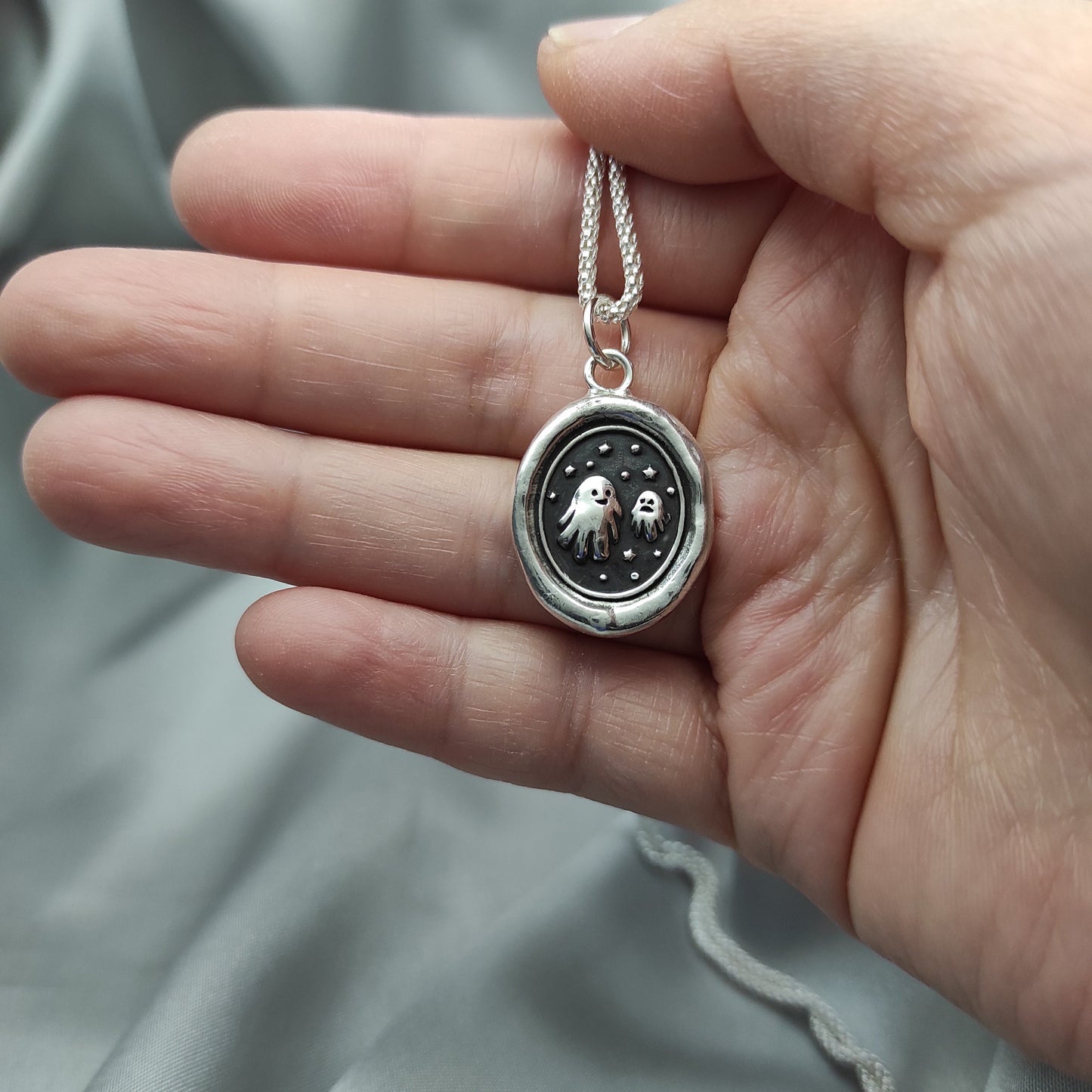 Spooky Ghost Pendant, Wax Seal Halloween Necklace, Handmade Silver Charm, Intaglio Seal Heirloom, Original Design Liliane Ting LT070