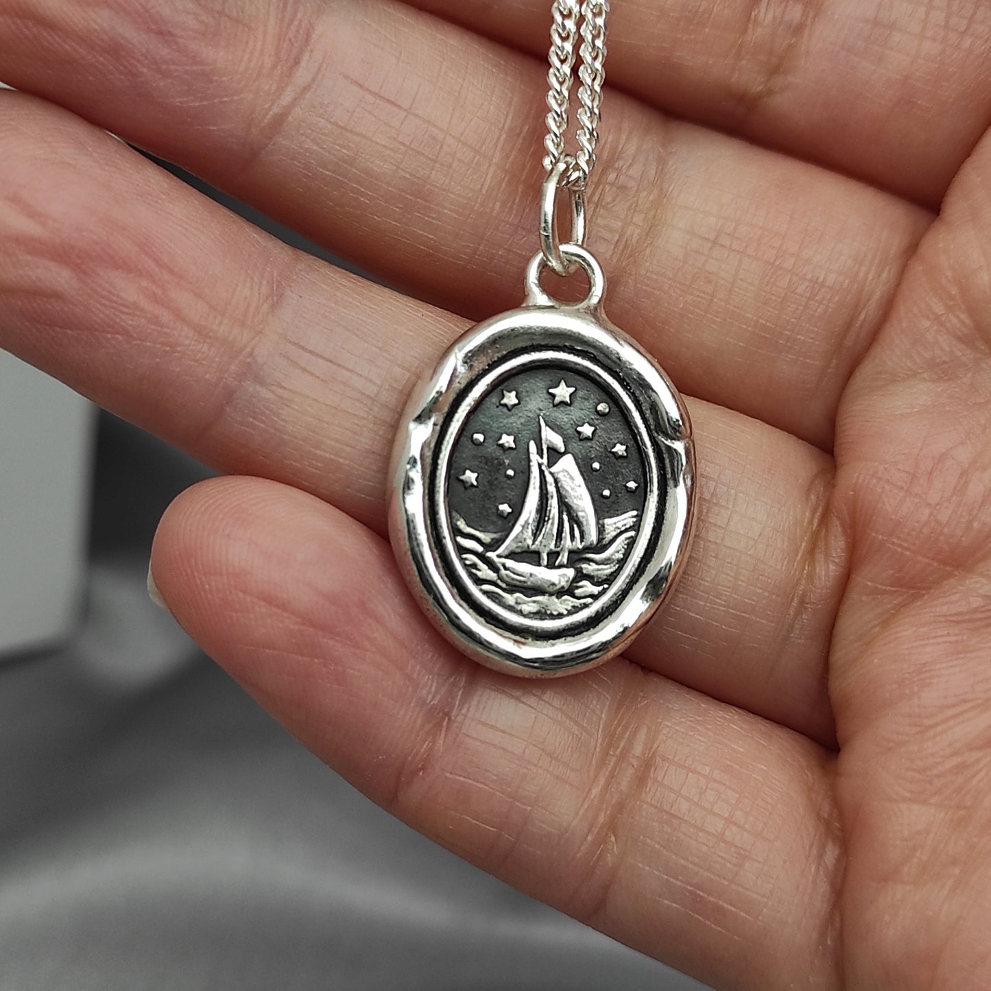 Sailing Boat Bon Voyage Celestial Wax Seal Necklace Pendant, Handmade Silver Talisman, Intaglio Seal Heirloom, LT Studio LT077