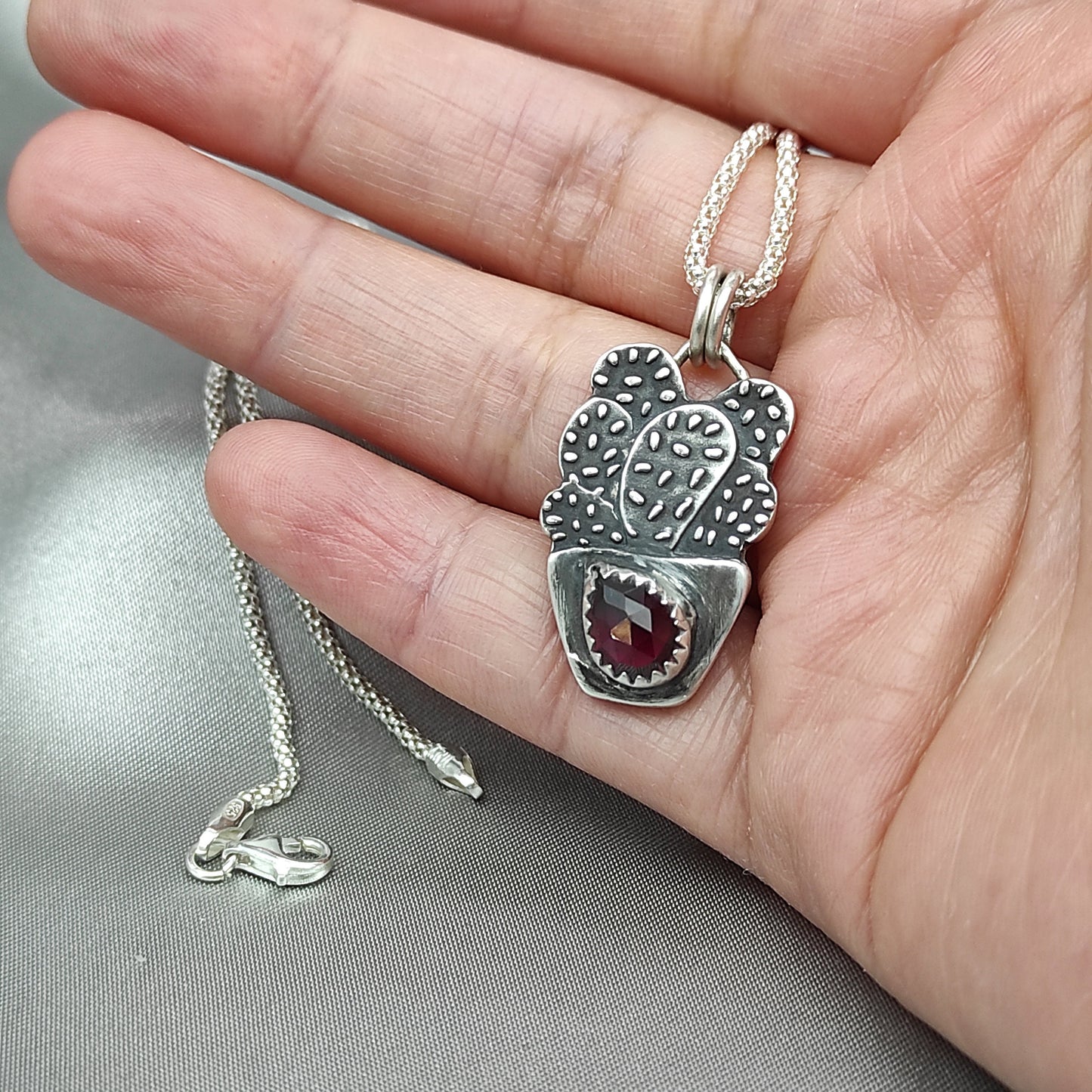 Cactus Garnet Natural Gemstone Necklace Pendant, Handmade Silver Talisman, Original Design Liliane Ting Studio