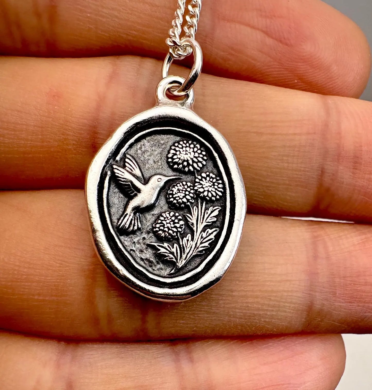 Hummingbird & Mum Solid Silver Necklace: Handmade Intaglio Seal Pendant, Liliane Ting Design