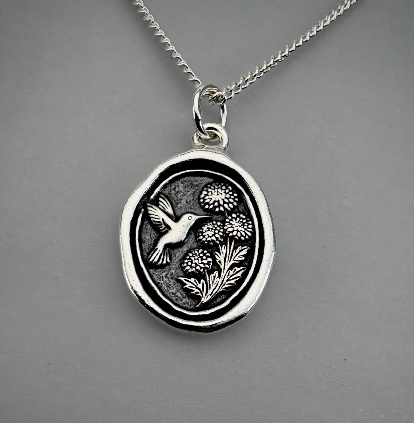 Hummingbird & Mum Solid Silver Necklace: Handmade Intaglio Seal Pendant, Liliane Ting Design
