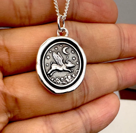 Flying Pig Wax Seal Necklace: Solid Silver Moon & Star Charm, Liliane Ting Design
