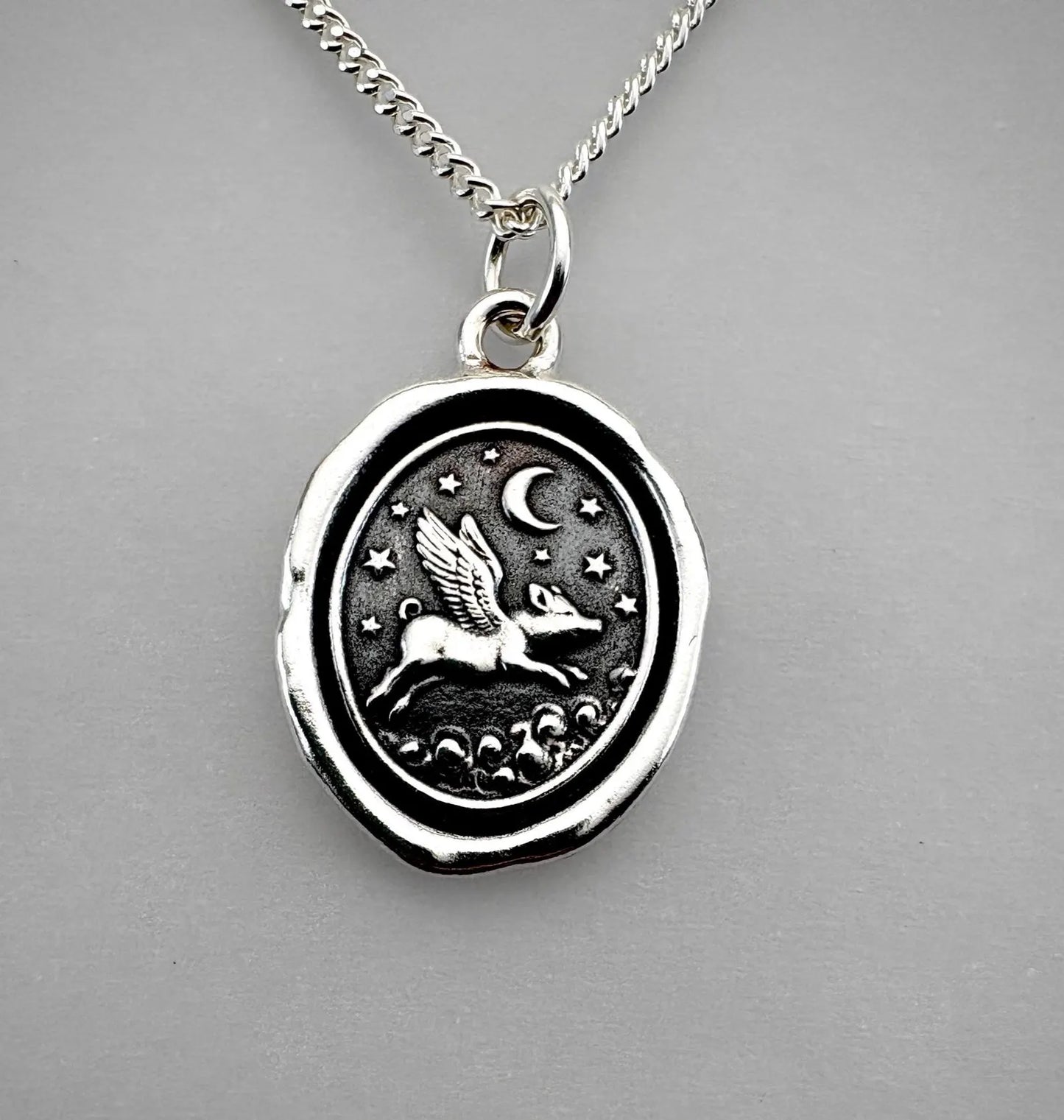 Flying Pig Wax Seal Necklace: Solid Silver Moon & Star Charm, Liliane Ting Design