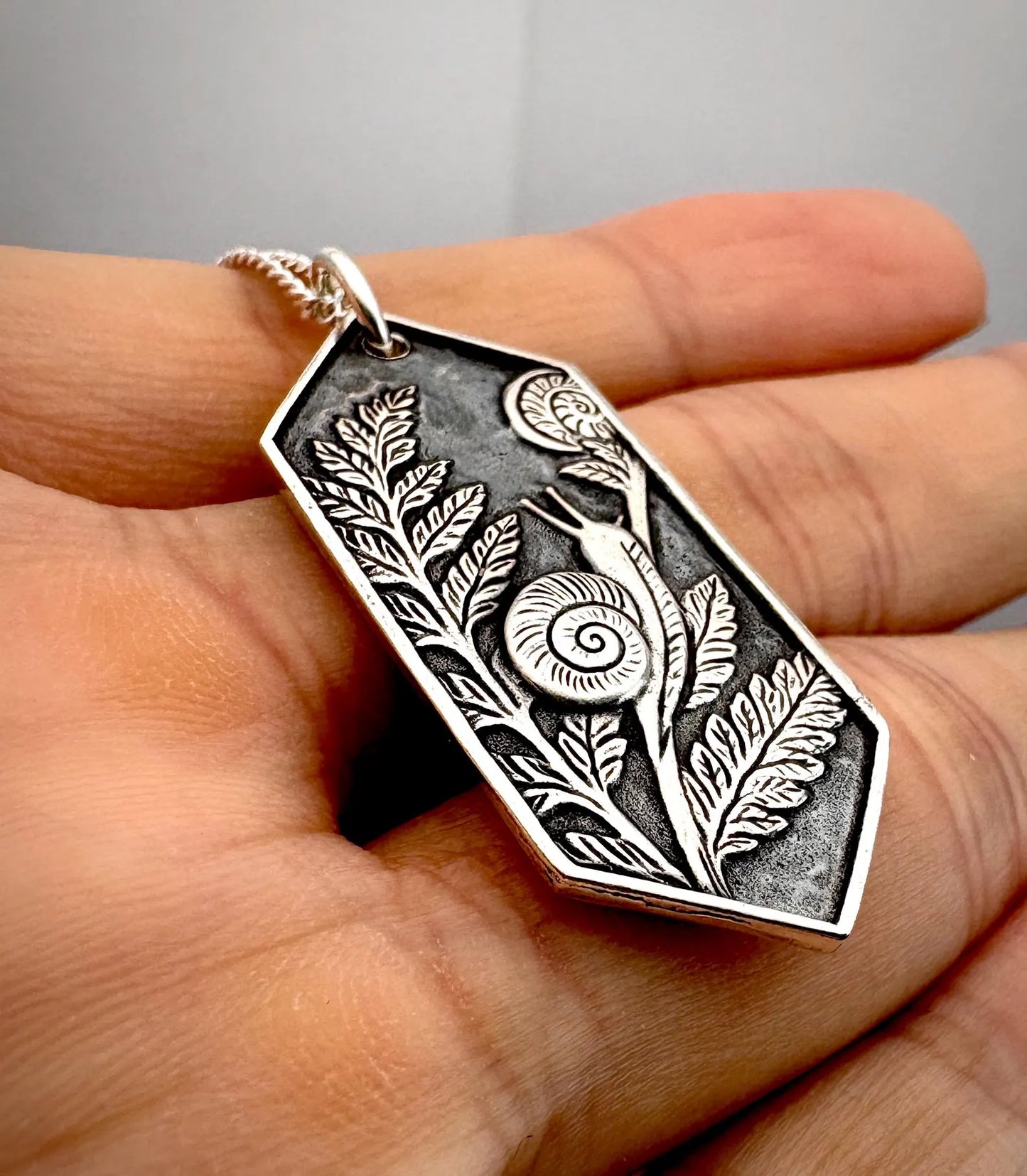 Snail & Fern Solid Silver Pendant Necklace: Handmade Nature Talisman, Liliane Ting Design