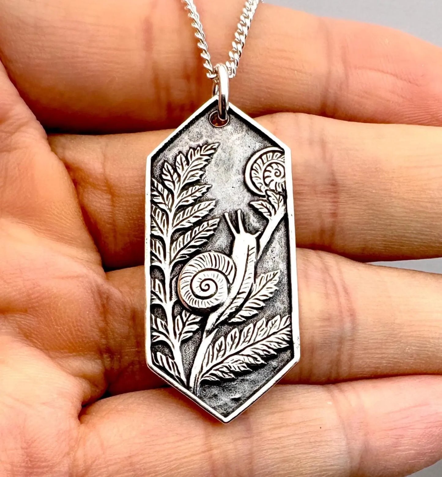 Snail & Fern Solid Silver Pendant Necklace: Handmade Nature Talisman, Liliane Ting Design