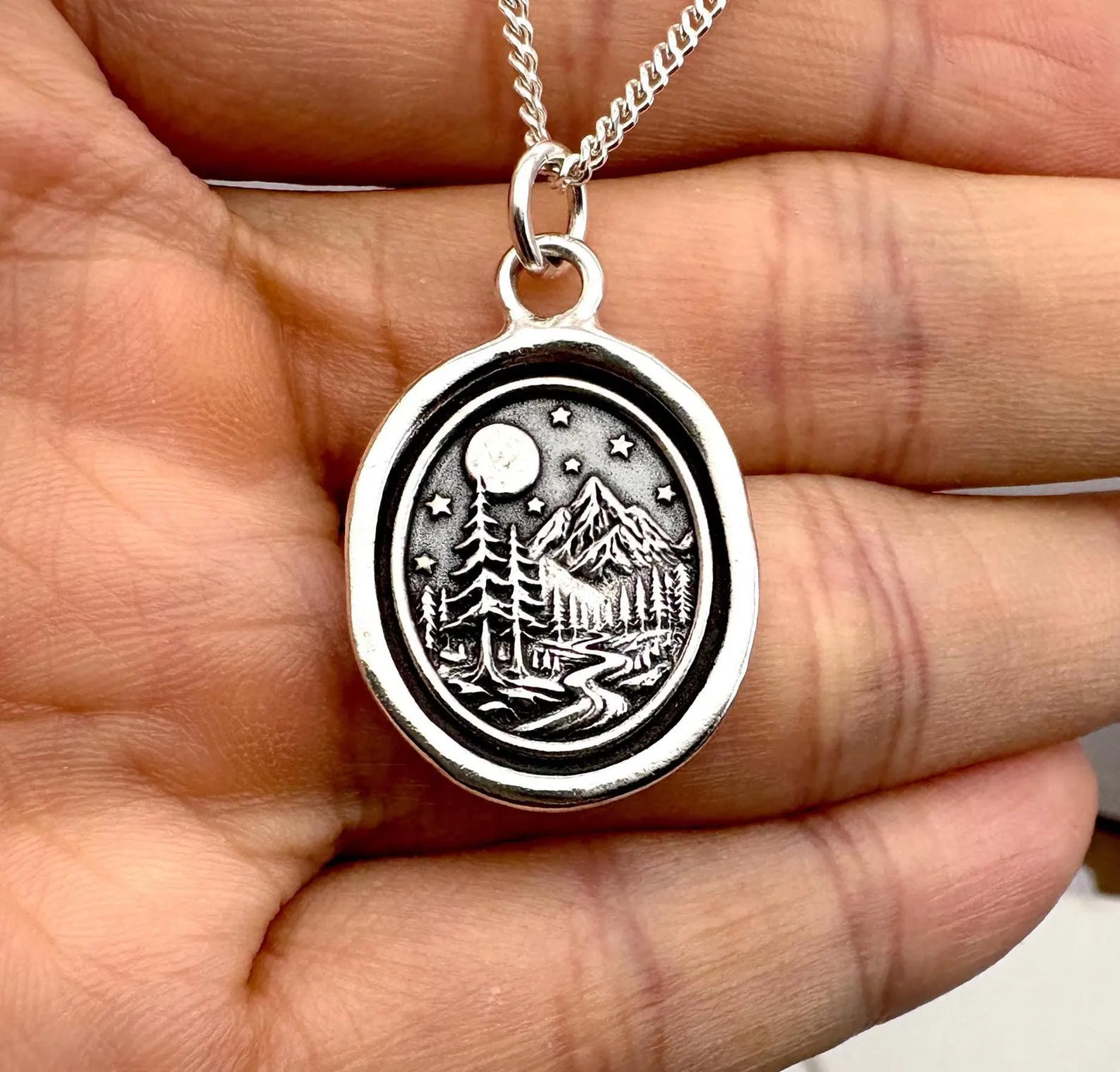 Solid Silver Moonlit Mountain Necklace: Handmade Wax Seal Pendant, Nature Talisman, Liliane Ting Design