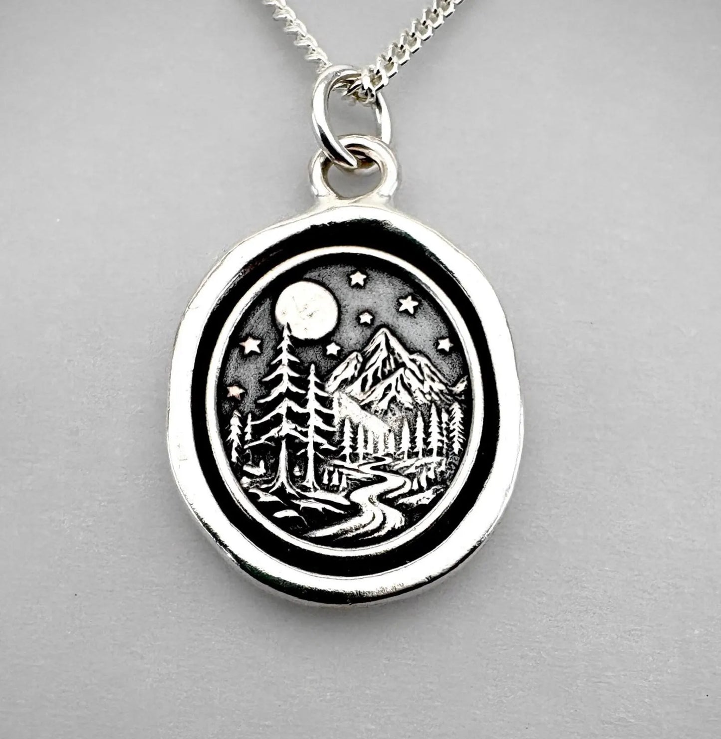 Solid Silver Moonlit Mountain Necklace: Handmade Wax Seal Pendant, Nature Talisman, Liliane Ting Design