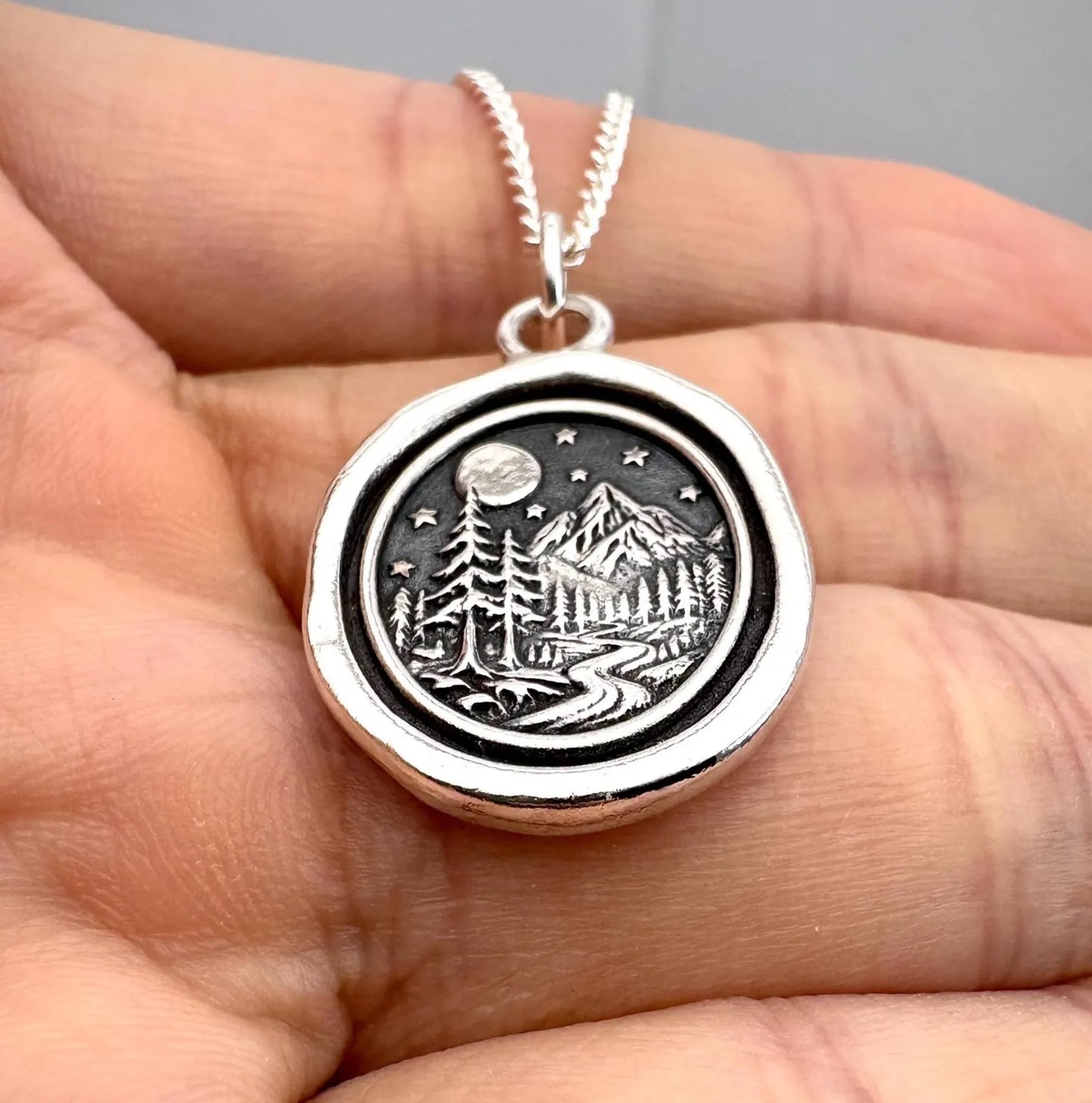 Solid Silver Moonlit Mountain Necklace: Handmade Wax Seal Pendant, Nature Talisman, Liliane Ting Design