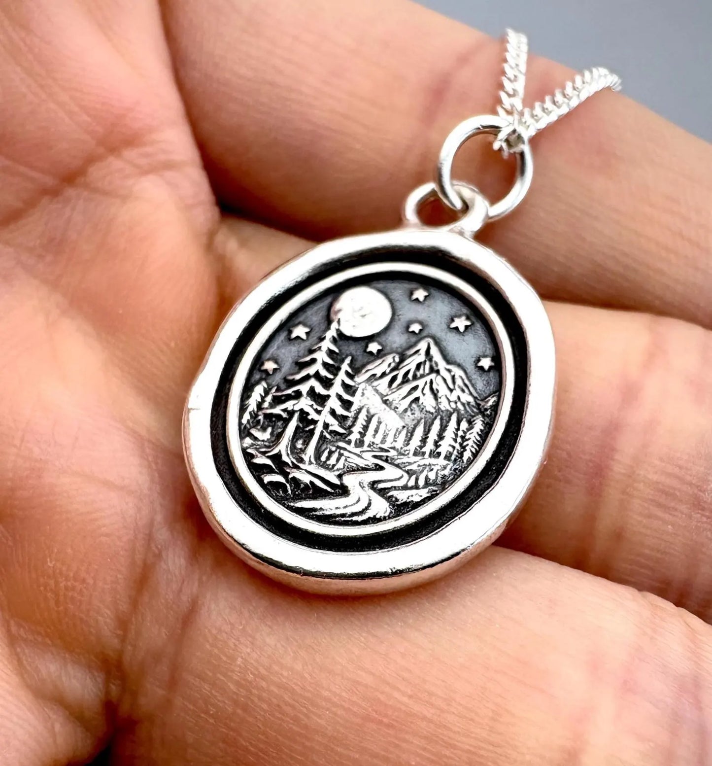 Solid Silver Moonlit Mountain Necklace: Handmade Wax Seal Pendant, Nature Talisman, Liliane Ting Design