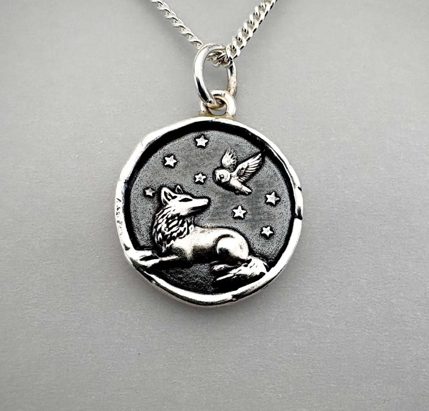 Wolf & Owl Under the Stars Wax Seal Pendant, Handmade Solid Silver Necklace, Liliane Ting Design