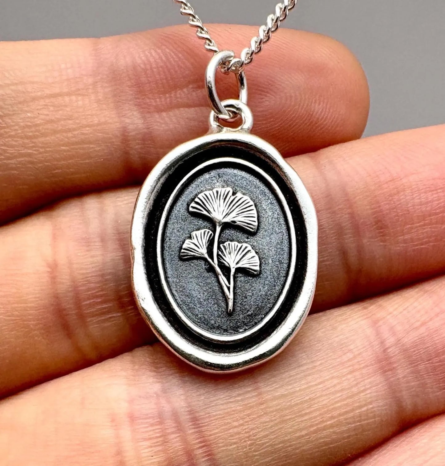 Ginkgo Leaves Wax Seal Necklace, Handmade Solid Silver Botanical Pendant, Liliane Ting Design