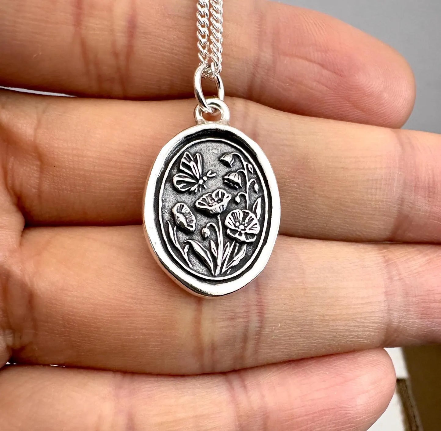 Butterfly Poppy Wax Seal Pendant: Handmade Solid Silver Birth Flower Necklace, Liliane Ting Design