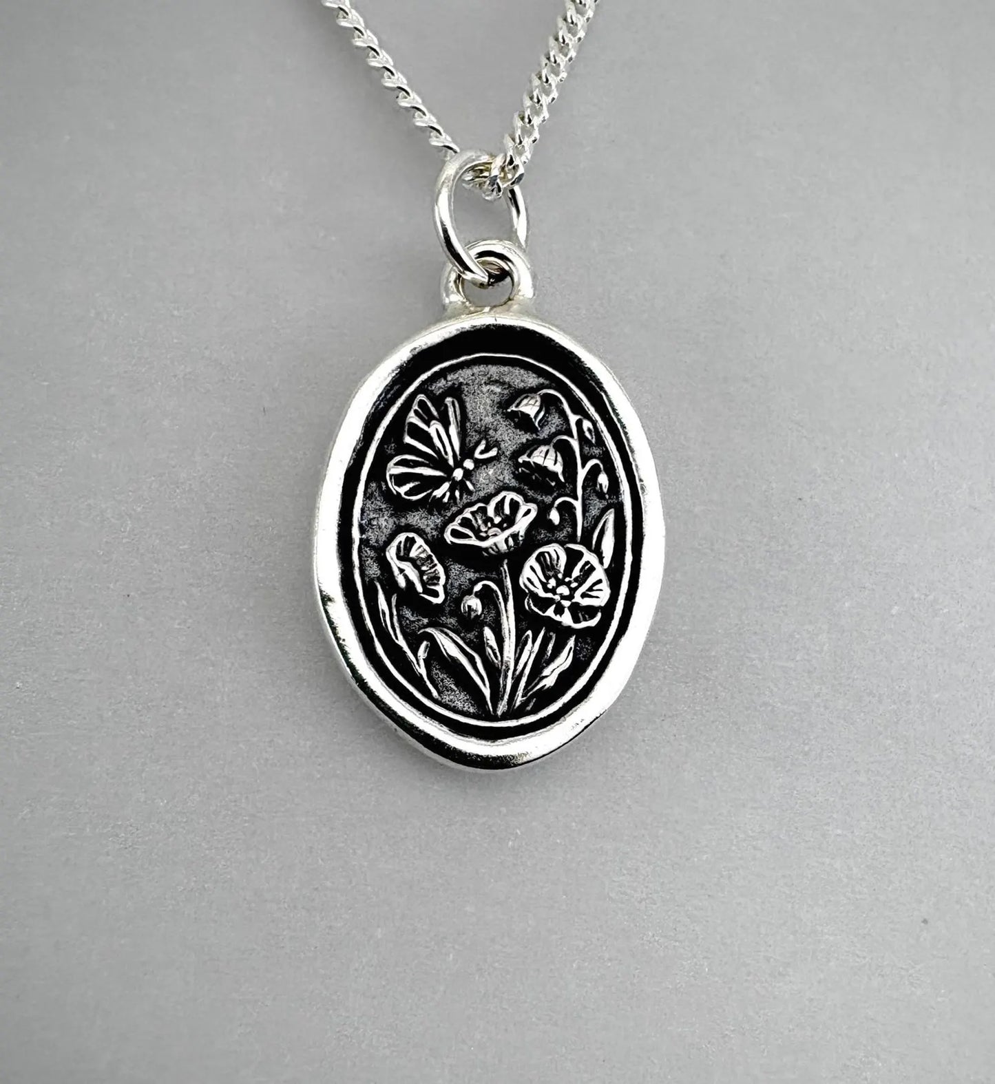 Butterfly Poppy Wax Seal Pendant: Handmade Solid Silver Birth Flower Necklace, Liliane Ting Design