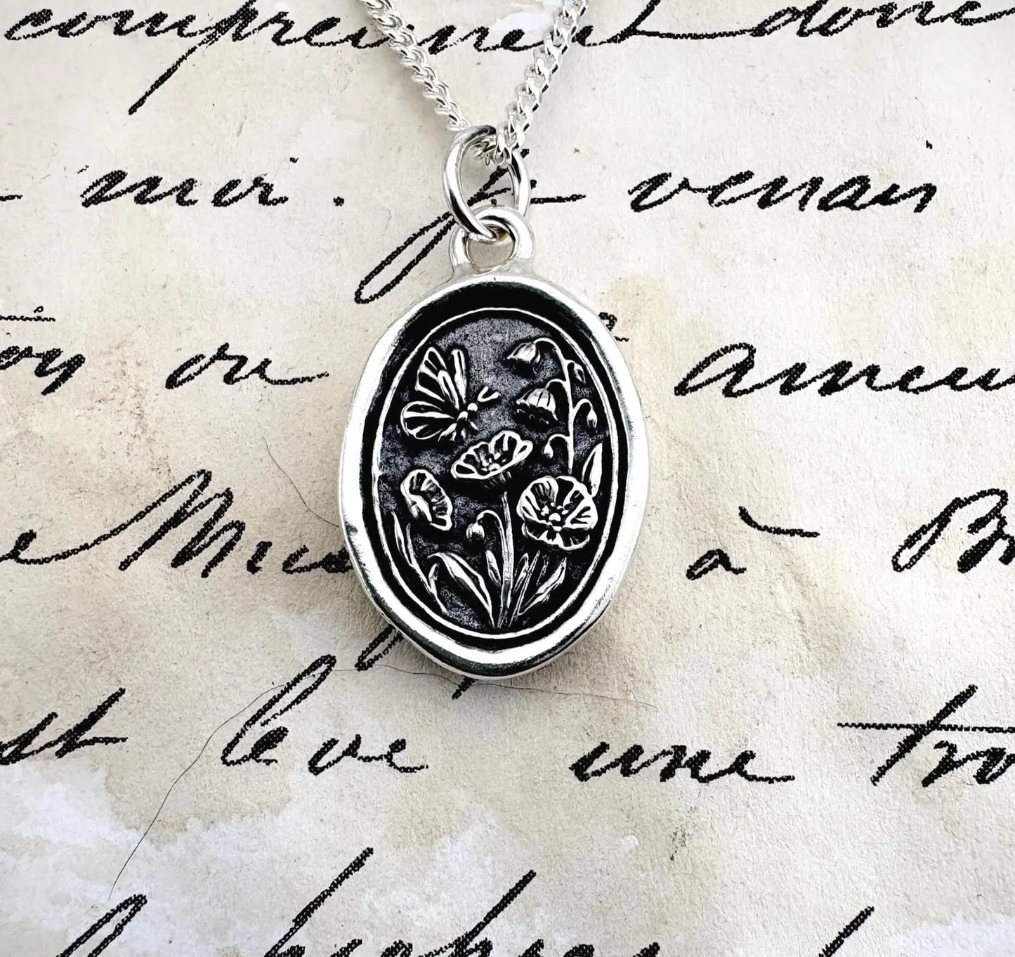 Butterfly Poppy Wax Seal Pendant: Handmade Solid Silver Birth Flower Necklace, Liliane Ting Design