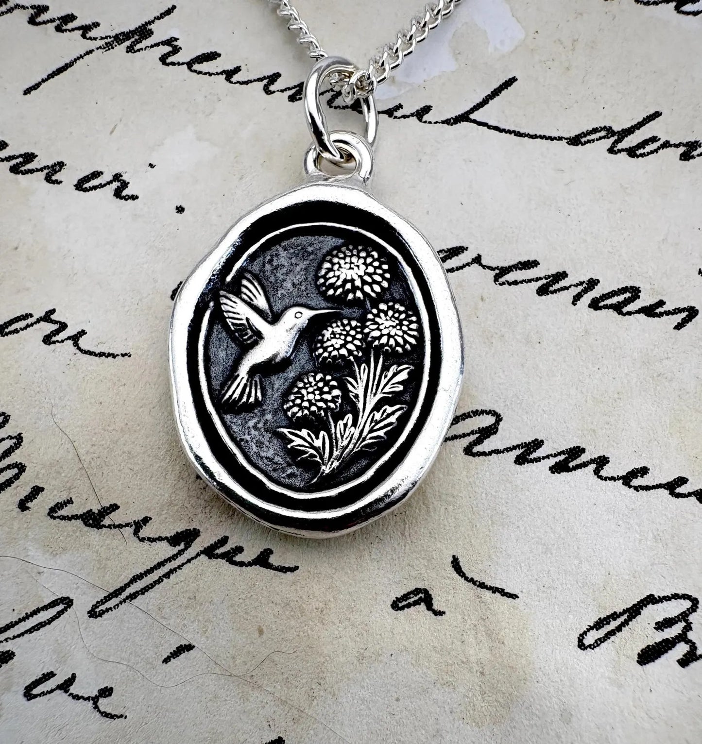 Hummingbird & Mum Solid Silver Necklace: Handmade Intaglio Seal Pendant, Liliane Ting Design