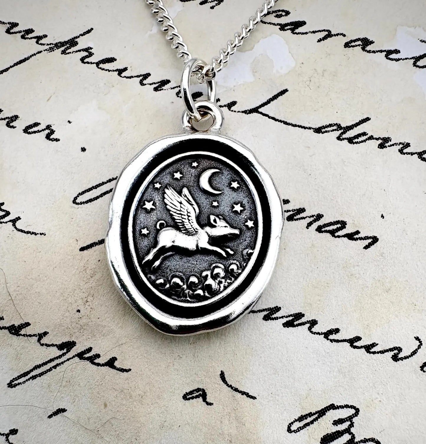 Flying Pig Wax Seal Necklace: Solid Silver Moon & Star Charm, Liliane Ting Design