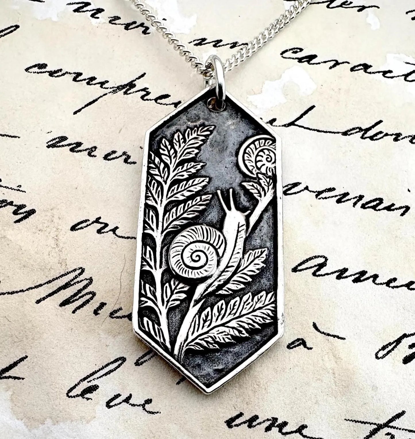Snail & Fern Solid Silver Pendant Necklace: Handmade Nature Talisman, Liliane Ting Design