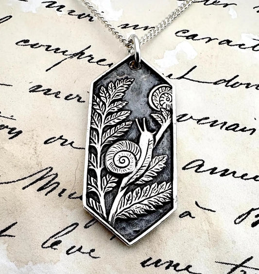 Snail & Fern Solid Silver Pendant Necklace: Handmade Nature Talisman, Liliane Ting Design