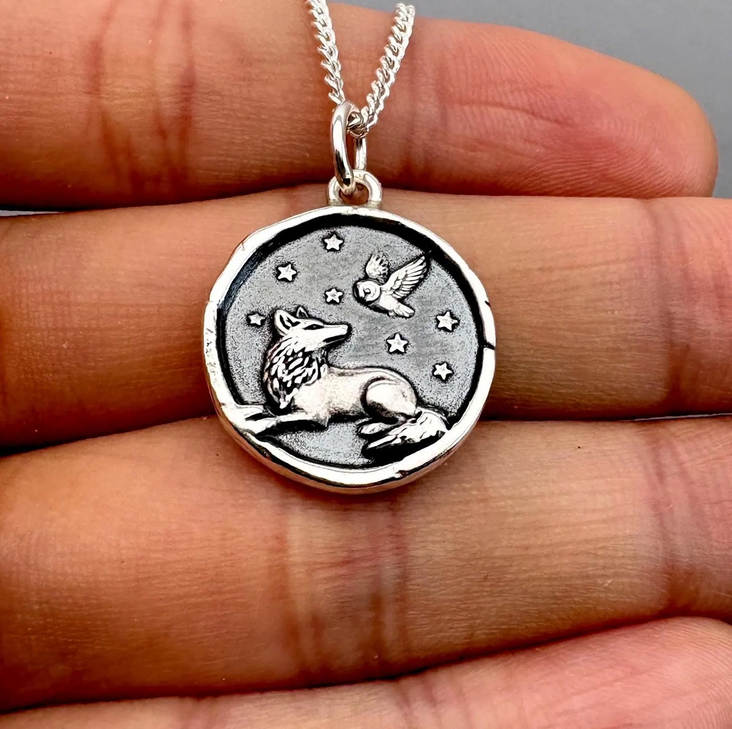 Wolf & Owl Under the Stars Wax Seal Pendant, Handmade Solid Silver Necklace, Liliane Ting Design