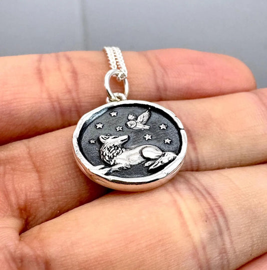 Wolf & Owl Under the Stars Wax Seal Pendant, Handmade Solid Silver Necklace, Liliane Ting Design