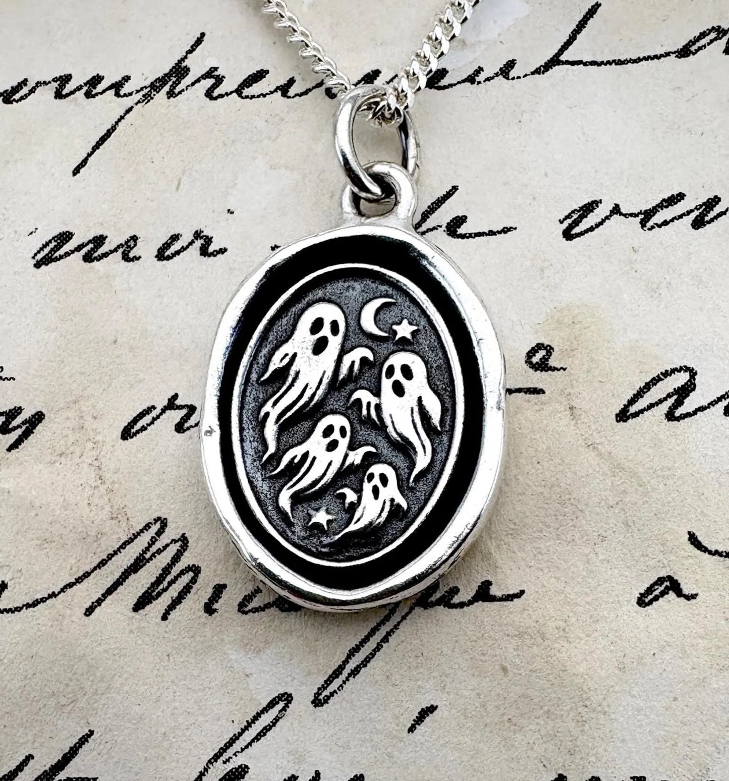Dancing Ghosts Solid Silver Pendant: Handmade Halloween Wax Seal Talisman, Liliane Ting Design