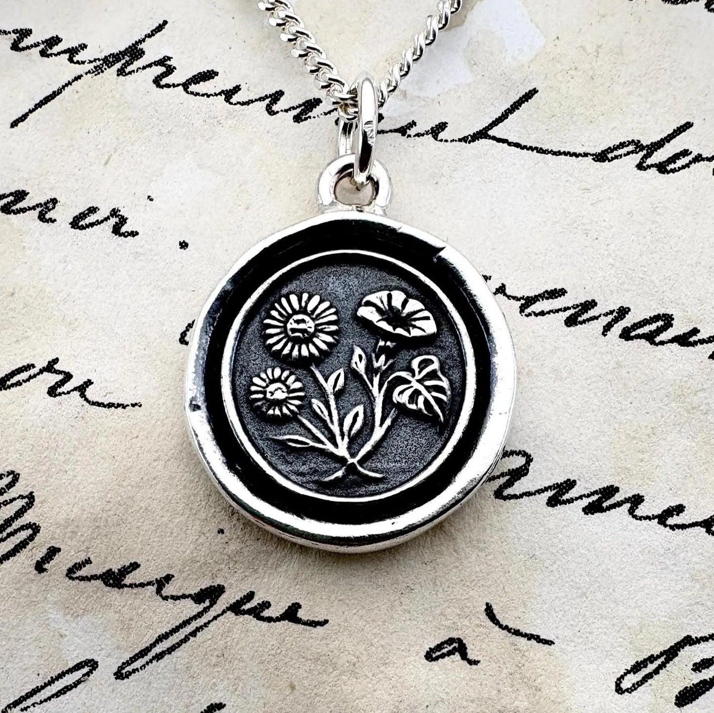 Aster & Morning Glory Wax Seal Necklace, Solid Silver Floral Pendant, Soulmate Talisman, Liliane Ting