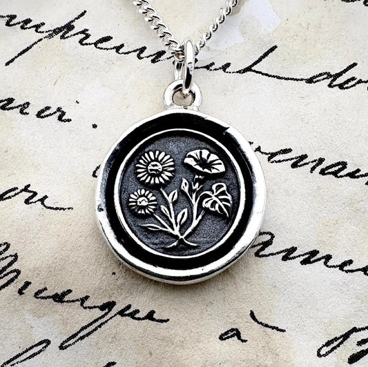 Aster & Morning Glory Wax Seal Necklace, Solid Silver Floral Pendant, Soulmate Talisman, Liliane Ting