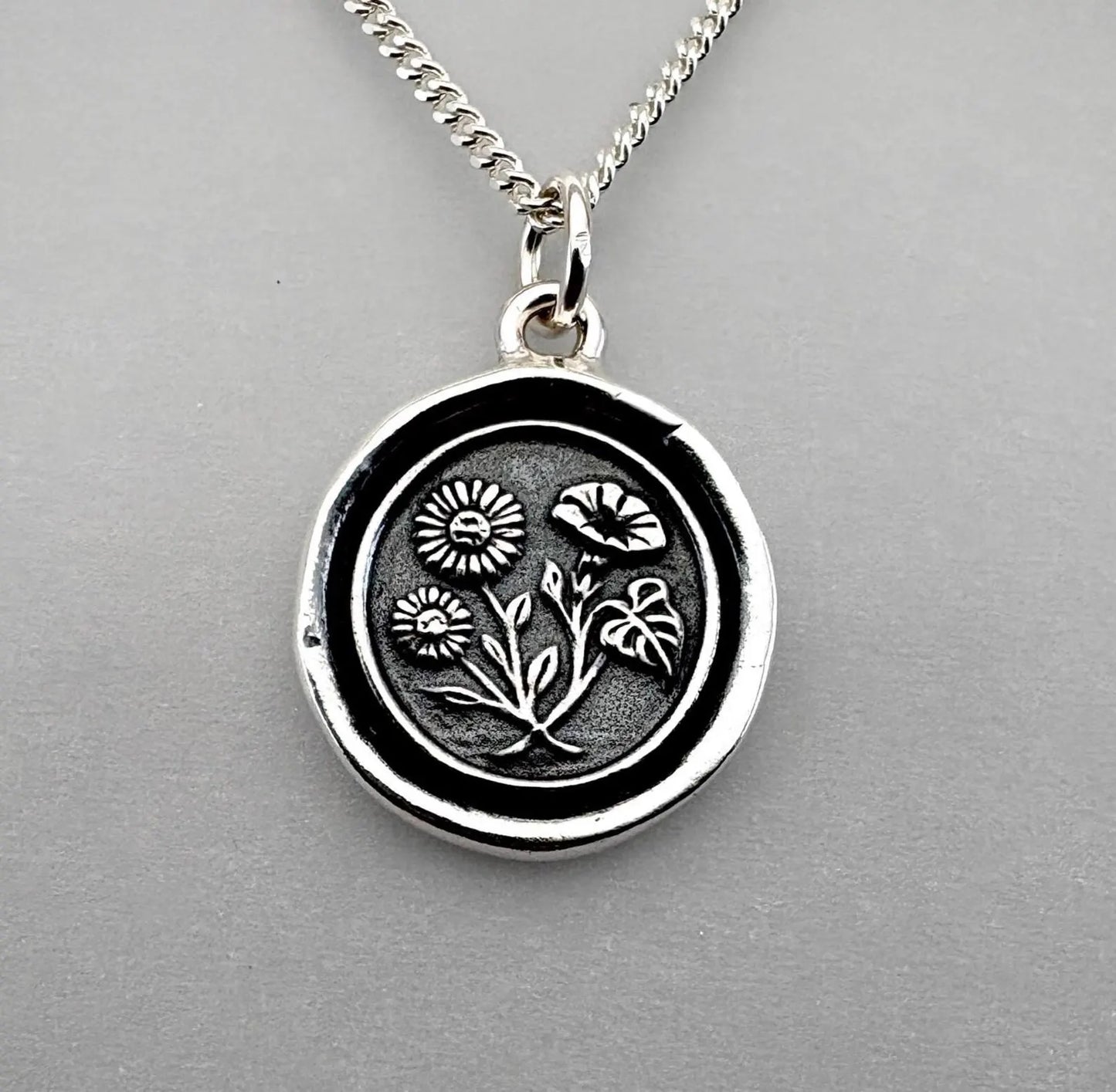 Aster & Morning Glory Wax Seal Necklace, Solid Silver Floral Pendant, Soulmate Talisman, Liliane Ting