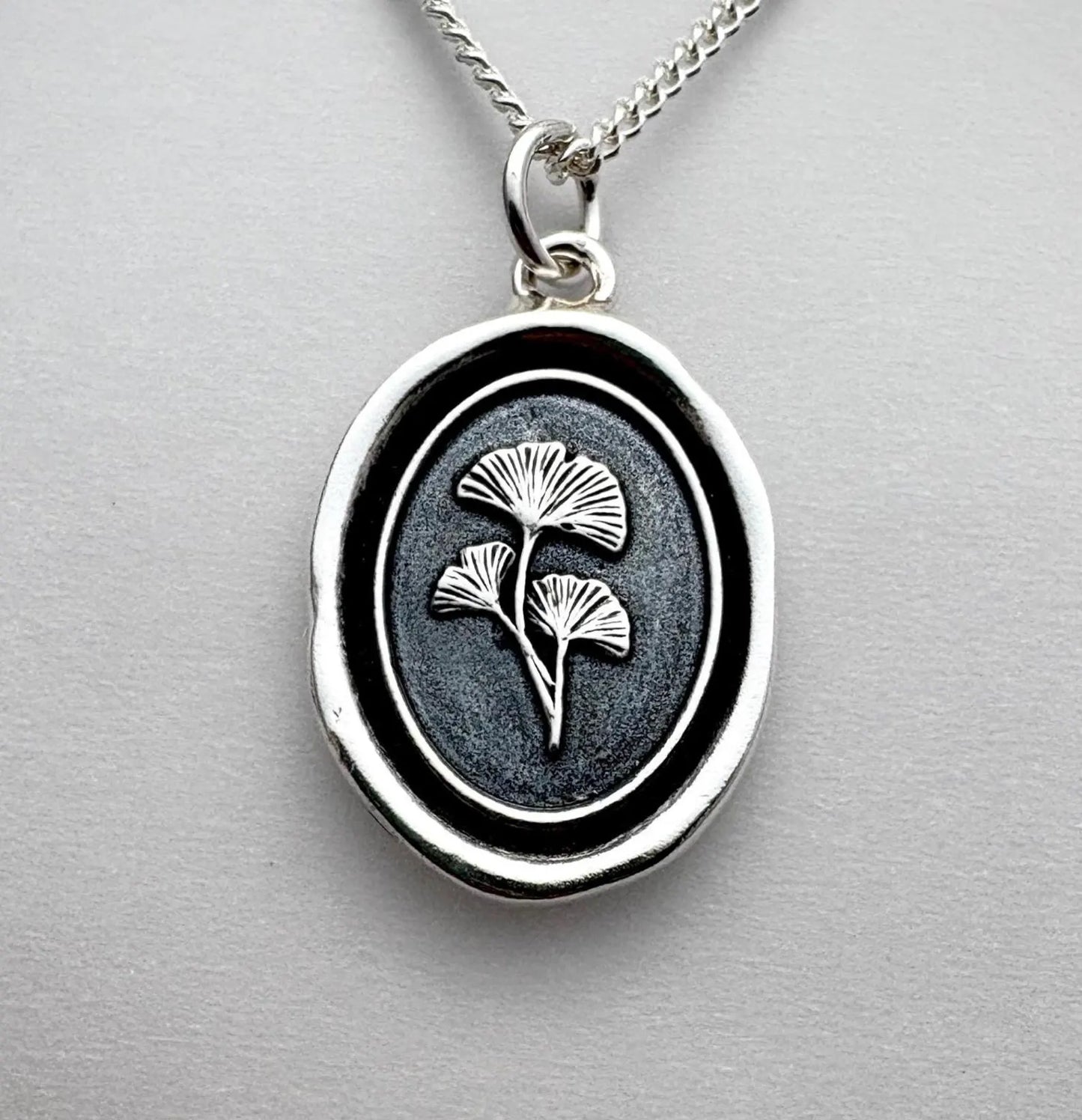 Ginkgo Leaves Wax Seal Necklace, Handmade Solid Silver Botanical Pendant, Liliane Ting Design