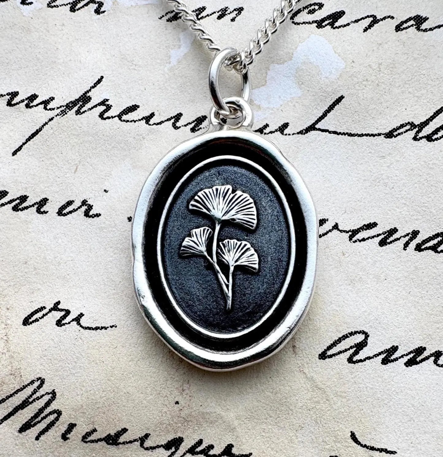 Ginkgo Leaves Wax Seal Necklace, Handmade Solid Silver Botanical Pendant, Liliane Ting Design