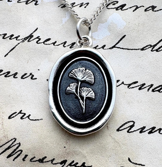 Ginkgo Leaves Wax Seal Necklace, Handmade Solid Silver Botanical Pendant, Liliane Ting Design